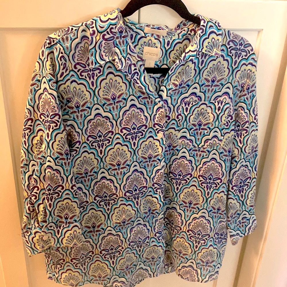 Chico's linen no-iron blouse 3/4 sleeve multi-color design Chicos 1 (size 8)